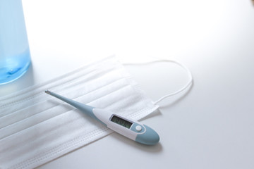 Coronavirus protection Face masks thermometer hand sanitizer bottle. Hygiene and Health care for stop spreading outbreak coronavirus covid 19.