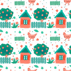 Hand drawn country cottage, fence, hen and apple tree in a seamless pattern, isolated on white background