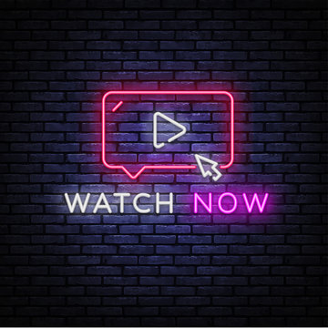 Watch Now neon sign vector. Play button Design template neon sign, light banner, nightly bright advertising, light inscription. Vector illustration
