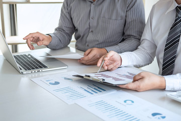 Business executive partner cooperation conference in investment ideas marketing planning and presentation finance project at meeting and strategy of business making to successful and growth profit