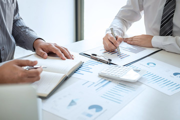 Business team partner on meeting brainstorming in investment ideas marketing planning project and presentation finance and strategy of business making to successful and development growth profit