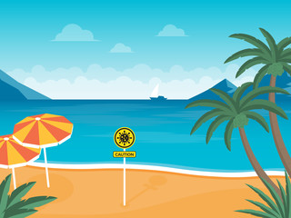 Fototapeta na wymiar Warning sign prohibiting beach area Protection against the virus, Covid-19 or coronavirus epidemic, beach closures, epidemic prevention,Flat vector design