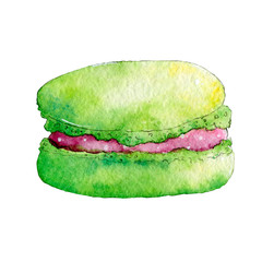 Watercolor green macaroon isolated on white background. Hand drawn illustration on paper