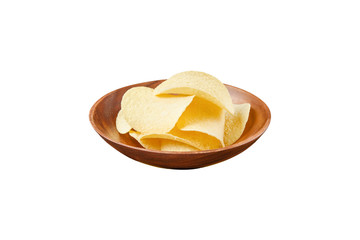 Chips in wooden plate isolated on white background