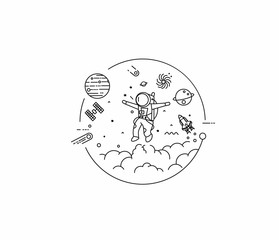 Astronaut in space circle, Flat Line Art Design illustration. © Redshinestudio