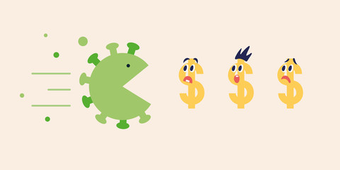 Global market economy crisis and financial collapse concept. Coronavirus pandemy impact. Giant corona virus cell eats dollars. Savings reducing, money loss and business crash vector illustration