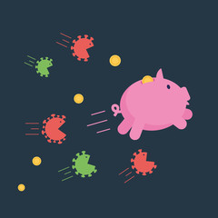 Angry coronavirus cells chase after piggy bank trying to brake and eat it. Corona virus economy crush and financial crisis, people have no money concept. Money pig runs from virus.Vector illustration