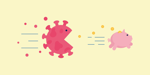 Angry coronavirus cell chase after piggy bank losing money trying to eat it. Corona virus economy crush, financial crisis, people have no money concept. Money pig runs from virus vector illustration
