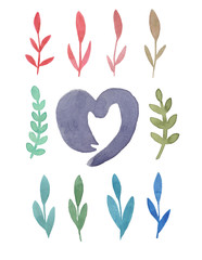 Watercolor set floral elements branch with heart. Decorative elements for your design.