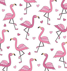 Cute Flamingo with white hearts on 
white background. Background of flamingos pink animals exotic vector illustration design. Design artistic doodle element for card, print, template, wallpaper.
