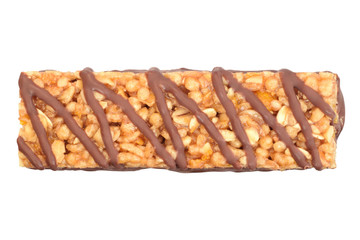 Muesli snack with chocolate, nuts, cereals top view isolated on white