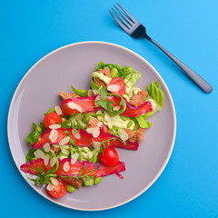 Fresh salad with smoked salted salmon, tomatoes and pumpkin seeds. Served on a gray plate over gray texture background.
