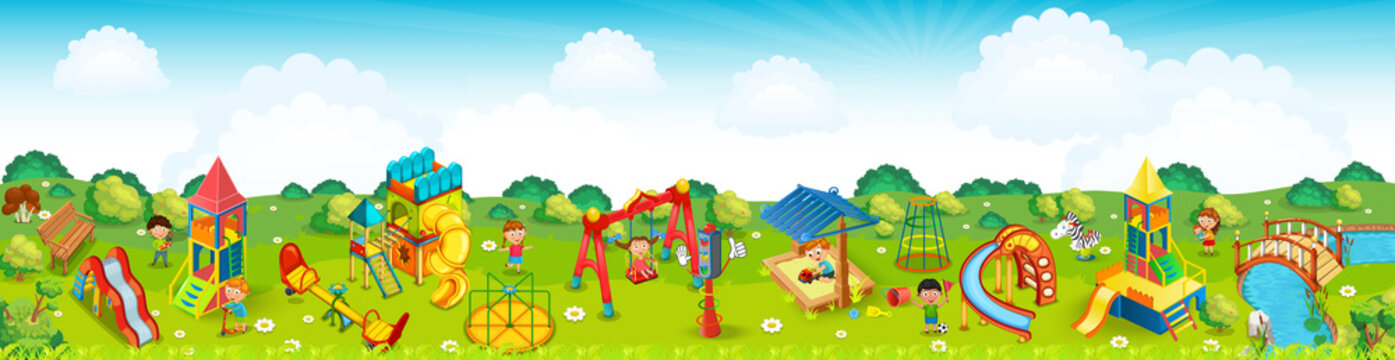 Panoramic playground on the meadow. Illustration.