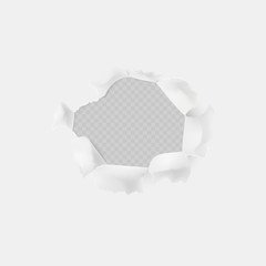 Hole on white paper with torn edges. Hole from shot, penetration, design of empty sheet with rounded edges on vector sides of hole.