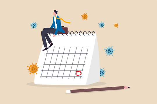 Coronavirus COVID-19 quarantine schedule calendar, plan for reopen business after COVID-19 lockdown concept, businessman business owner sitting on desktop calendar thinking about plan after lockdown.