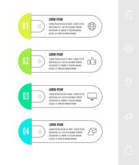 Vector infographics design template with 4 labels and icons. Vector line concept. Can be used for web, banner, presentations, flow chart, info graph, timeline, content, levels. Data visualization.