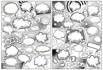 Comic book black and white page template divided by lines with speech bubbles. Illustration.