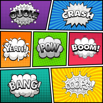 Comic book page divided by lines with black and white speech bubbles, sounds effect. Retro background Mock-up. Comics template. Illustration
