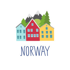 Norway travel illustration. Cozy houses and nature landscape vector clipart. Visit Norway and Scandinavia theme