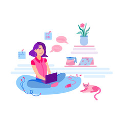 Young woman work on freelance at home interior sitting on the floor. Girl with laptop working comfortably near her cat. Freelancer, remote job, self-employed concept. Flat cartoon vector illustration.