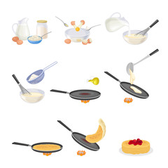 Process of Cooking Pancakes Step by Step with Ingredients Vector Set