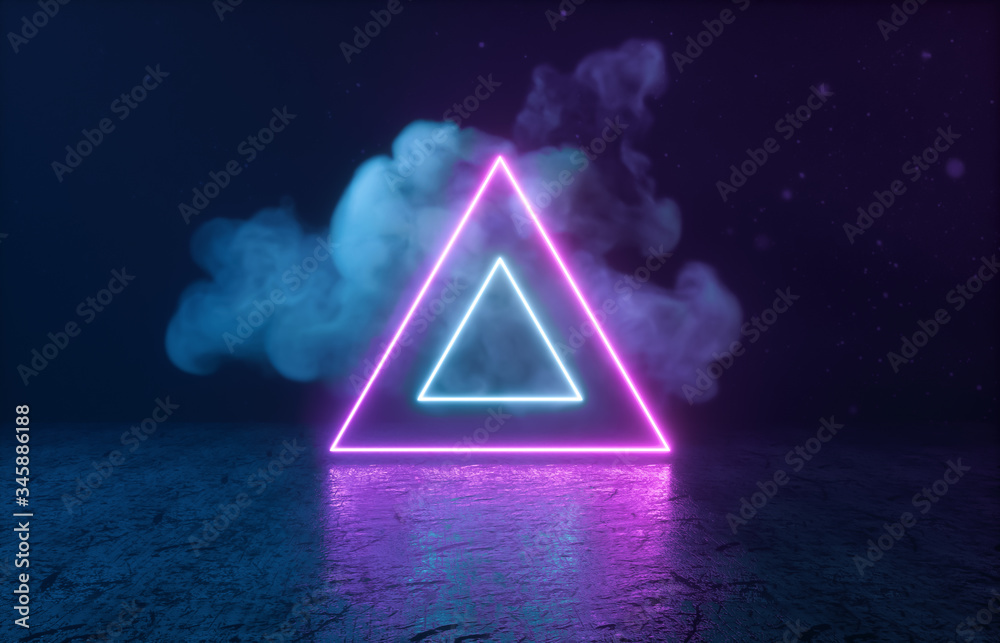 Poster Futuristic Sci-Fi Modern empty stage. Reflective concrete room with glowing neon and cloud. 3d render.