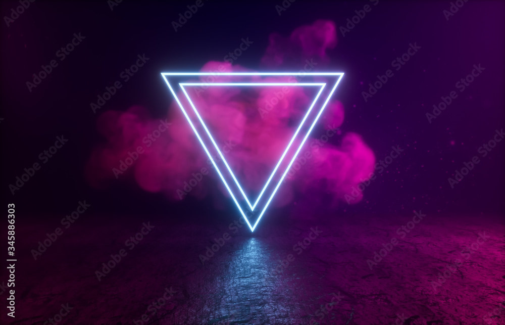 Poster Futuristic Sci-Fi Modern empty stage. Reflective concrete room with glowing neon and cloud. 3d render.