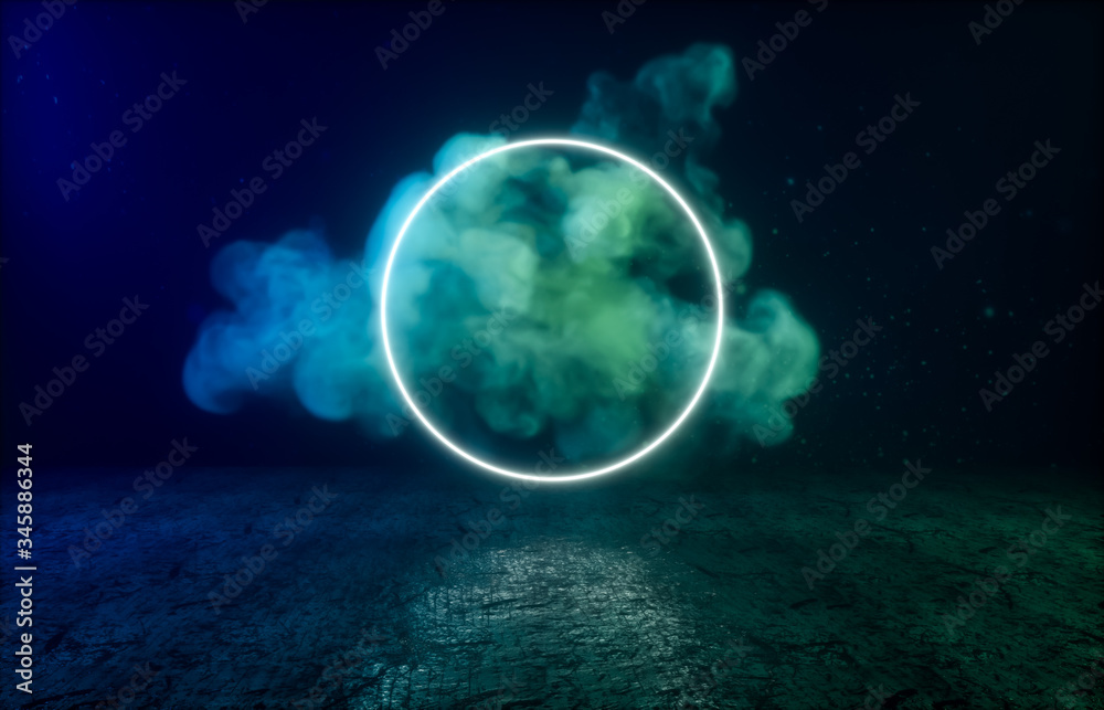 Poster Futuristic Sci-Fi Modern empty stage. Reflective concrete room with glowing neon and cloud. 3d render.
