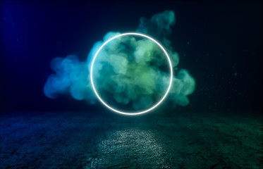 Futuristic Sci-Fi Modern empty stage. Reflective concrete room with glowing neon and cloud. 3d render.