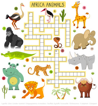 African animals crossword for children. Illustration of lion and leopard, elephant and gorilla. 