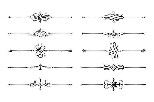 Hand drawn elegant filigree dividers. Ornate swirl borders.  Vector isolated motif decor separators. Classic wedding invitation calligraphic lines.