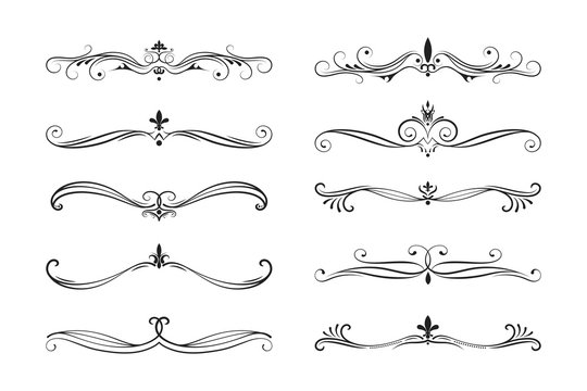 Hand drawn elegant text dividers. Ornate swirl borders.  Vector isolated motif separators. Classic wedding invitation lines.