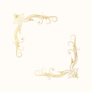 Hand drawn golden elegant corner frame. Ornate gold border.  Vector isolated royal swirl banner. Classic wedding invitation template.