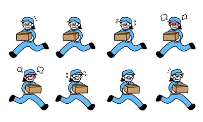 荷物を運ぶ作業着姿のマスク女性（シンプル）