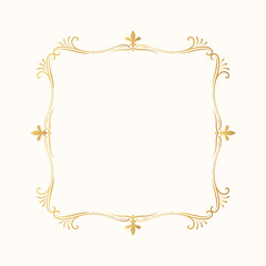 Vector isolated swirl frame. Royal wedding invitation card template. Vintage golden square page ornament. Ornate filigree gold border. 