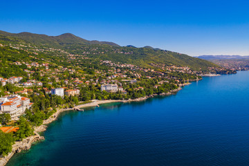 Fototapeta na wymiar Croatia, beautiful Adriatic coastline, Lovran riviera, aerial panoramic view in Kvarner bay 