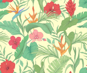 Seamless pattern with tropical flowers and palm leaves
