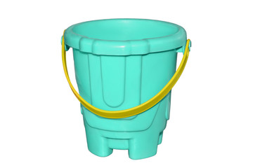 Childrens plastic bucket with yellow handle for playing in the sandbox isolated on white background