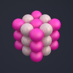 3D composition of primitives. A composite cube of textured colored balls on a black background. Red and beige spheres. 3D illustration