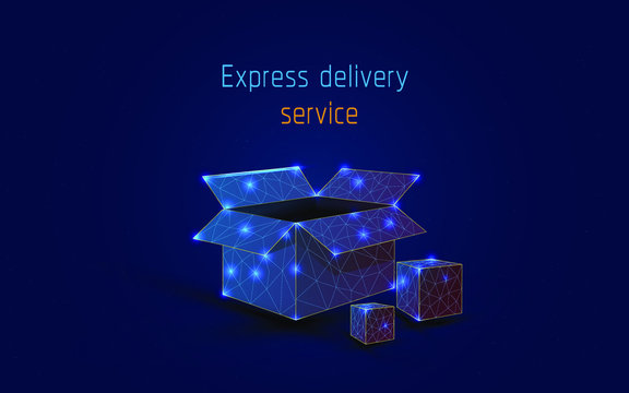 open and closed box, delivery of goods online to doors, to any place, quickly, efficiently, carefully, Low poly design style.dark blue background. wireframe,low poly,plexsus,triangle,dot,vector,eps10