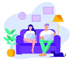 Work at home concept design. Freelance woman and man working on laptop at his house. Vector illustration isolated on white background. Online study, education.