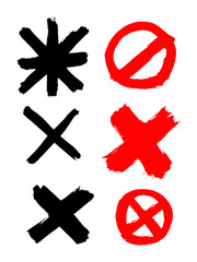 Prohibition signs cross, cross in a circle, drawn with ink and brush. Color vector illustration. It can be used in stores, supermarkets, boutiques, on sites, booklets, price tags, in the mailing list,