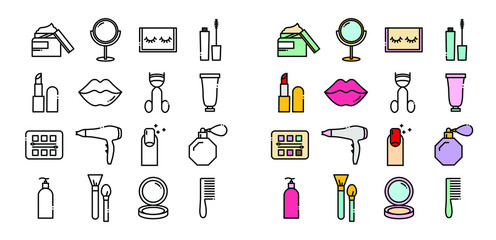 Line icons set of beauty and cosmetics icons. Included icons in the form of cream, mirrors, eyelashes, mascaras, lipsticks, lips, eyeshadow, hair dryer, manicure, perfume, lotion, brushes, powder.