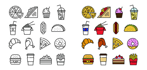Icon set of food related outline design, included as pizza, sandwich, cake, lemonade, wok, hot dog, tacos, croissant, fried chicken, pizza slice, donut, burger, coffee, cupcake, french fries.