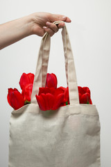 Female hand holds an eco bag with red tulips on a white background.