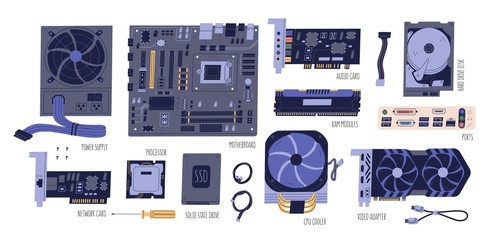 Collection of computer components. Pc and laptop parts: power supply, motherboard, audio card, HDD, RAM, network card, SSD, processor, CPU, video adapter isolated on white. Vector flat illustration