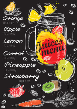 Juice Menu, Hand Drawn Illustration. Smoothie.