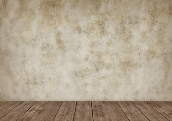 Background for photo studio with wooden table and backdrop.
