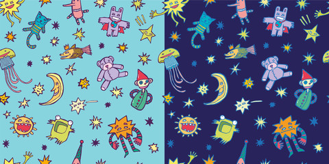 Children's pattern with a month, stars, toys, a teddy bear. Calligraphy. Color vector illustration. Can be used for wrapping paper, wallpaper, fabric, gift wrap, backgrounds.