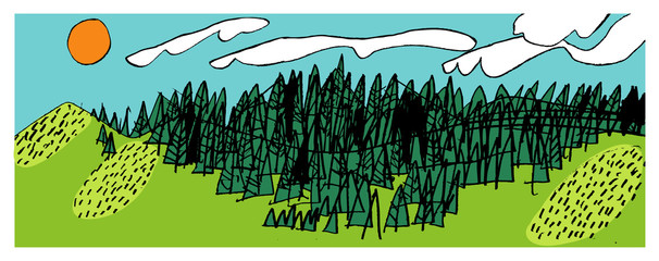 Outline landscape with sky, sun, clouds, mountains, meadow, fir trees. Color vector illustration. It can be used in stores, supermarkets, boutiques, on sites, booklets, price tags, in the mailing list